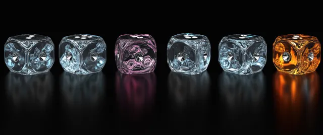 Transparent glass dice grid on black background, soft rim lighting, glowing colors