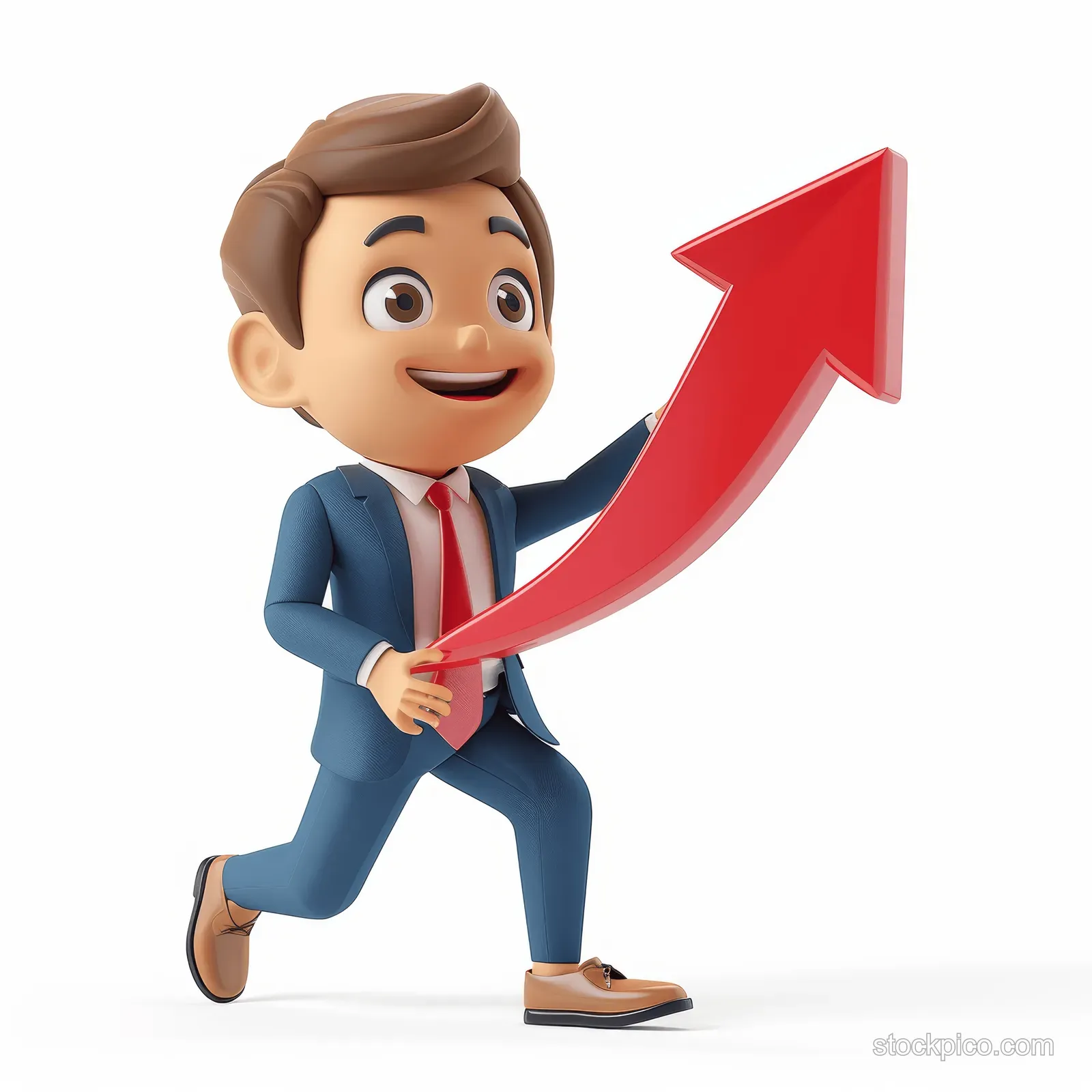 3D cartoon businessman running and holding a red upward growth arrow on a white background.