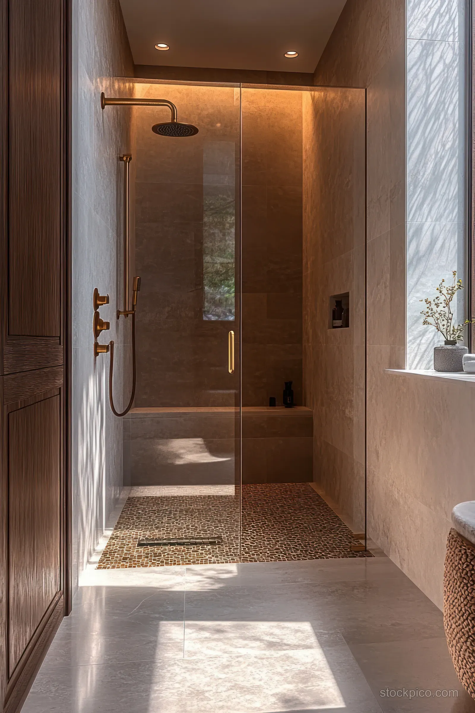 Warm-lit modern bathroom showing a walk-in glass shower with a rain showerhead and pebble floor.