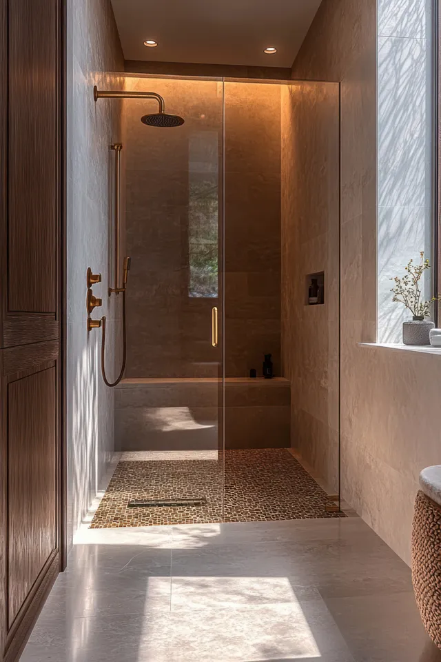 Walk-in glass shower with rain showerhead in warm-lit modern bathroom, stone and pebble flooring