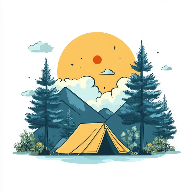 Yellow camping tent in pine forest with mountain backdrop under orange sunset sky and clouds