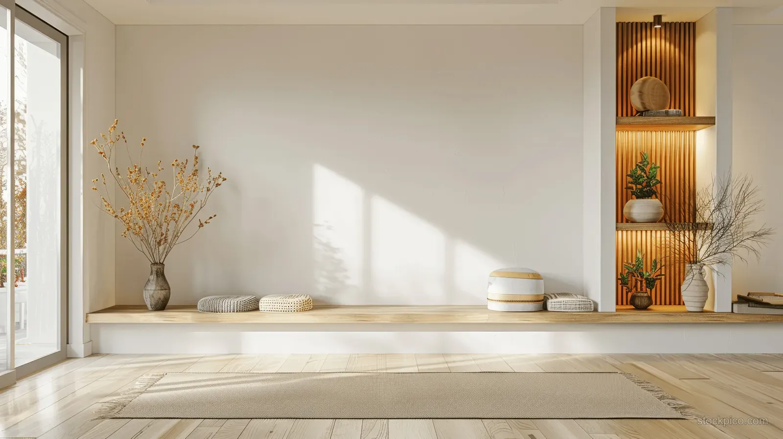 Yoga room interior with beige walls, wooden shelves, and sunlight shining on a floor mat and cushions.