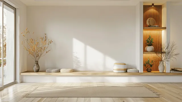 Yoga room interior with beige walls, wooden shelves, and sunlight shining on a floor mat and cushions.