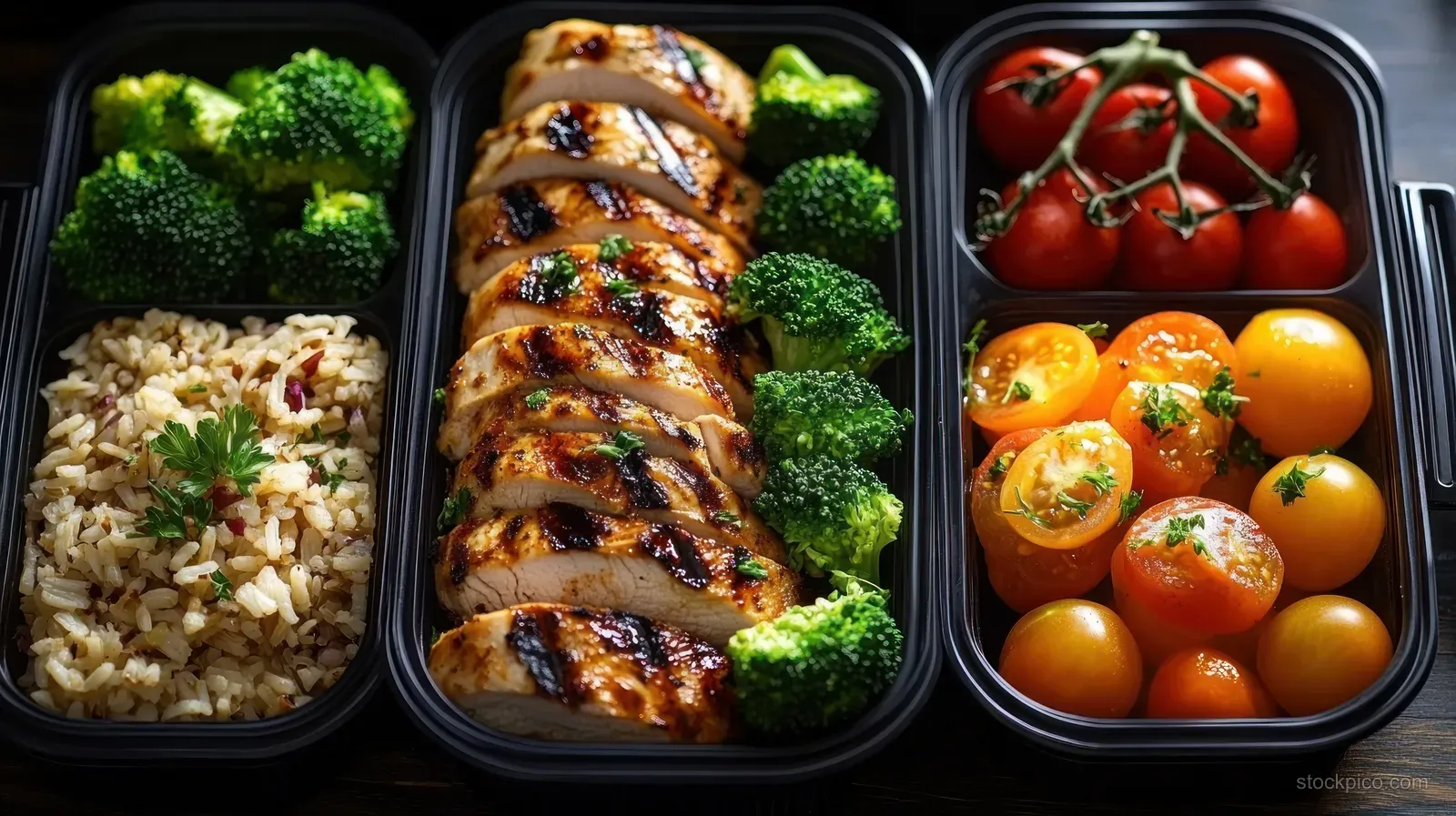 Meal prep containers filled with grilled chicken, broccoli, seasoned rice, and cherry tomatoes with parsley garnish.