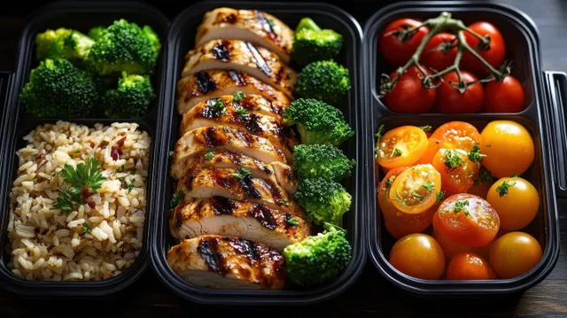 Meal prep containers filled with grilled chicken, broccoli, seasoned rice, and cherry tomatoes with parsley garnish.