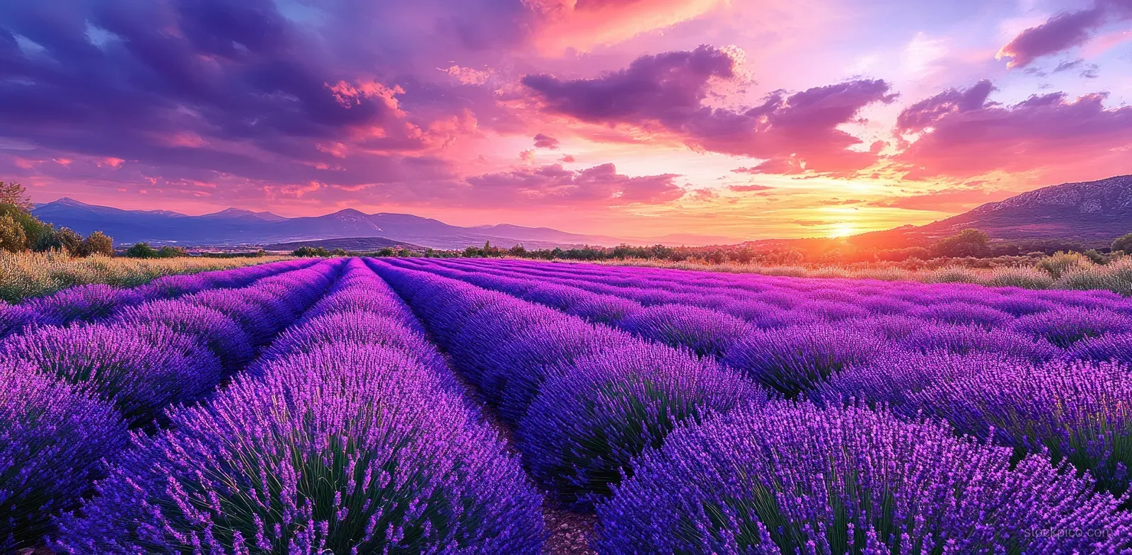 Rows of blooming lavender stretch toward mountains under a colorful sunset sky.