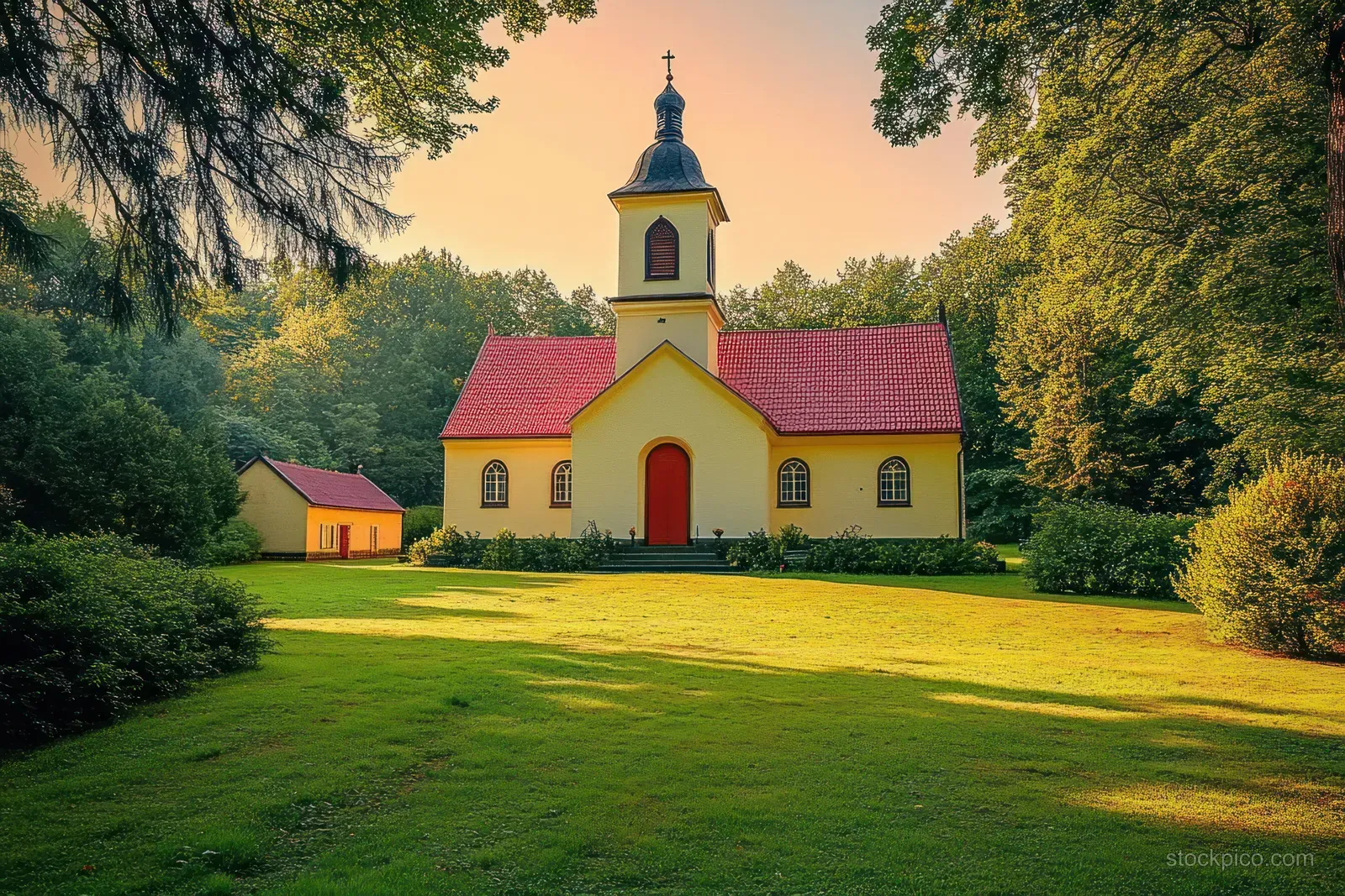 Yellow church with red roof and steeple on a green lawn under golden-hour sunlight and tall trees.