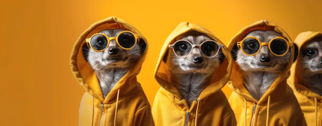 Three meerkats in yellow hoods and gold sunglasses pose against a vivid orange background.