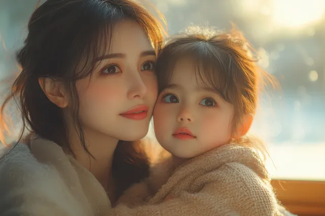 Mother and daughter cuddle on a sofa in a softly sunlit room.