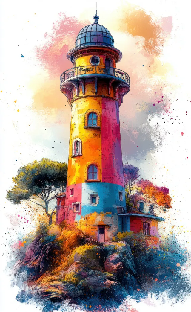 A colorful striped lighthouse tower is shown outdoors with warm light and painterly smoke-like color clouds around it.