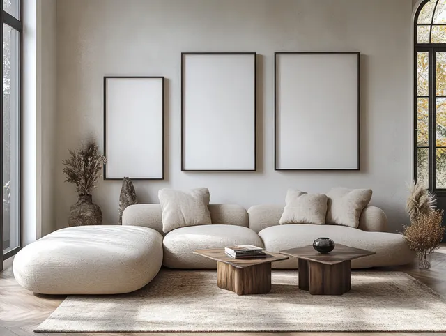 White sculptural sofa and wooden coffee table sit beneath three empty picture frames in a bright Scandinavian living room.