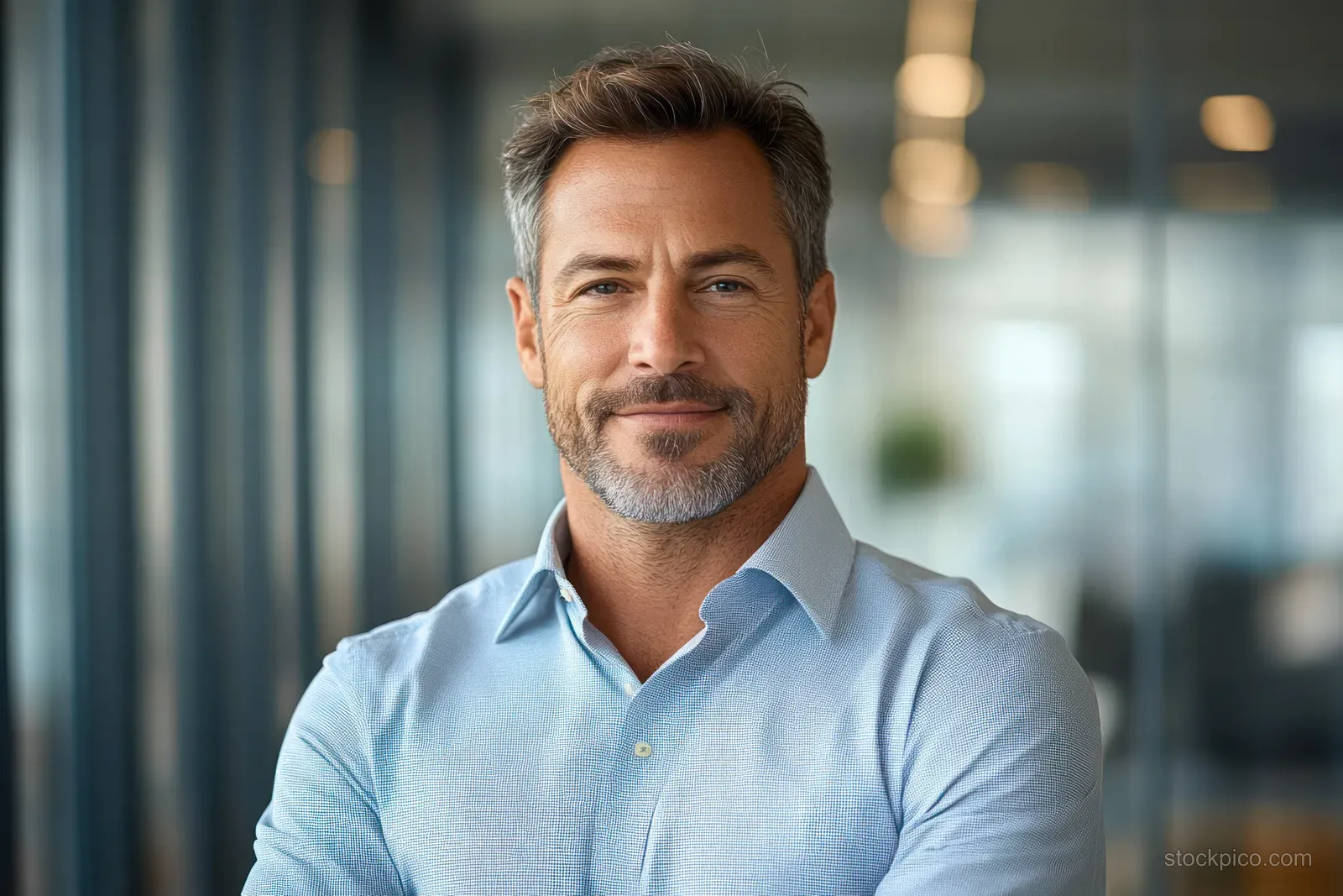 A smiling middle-aged businessman stands in a modern office near glass walls facing the camera.