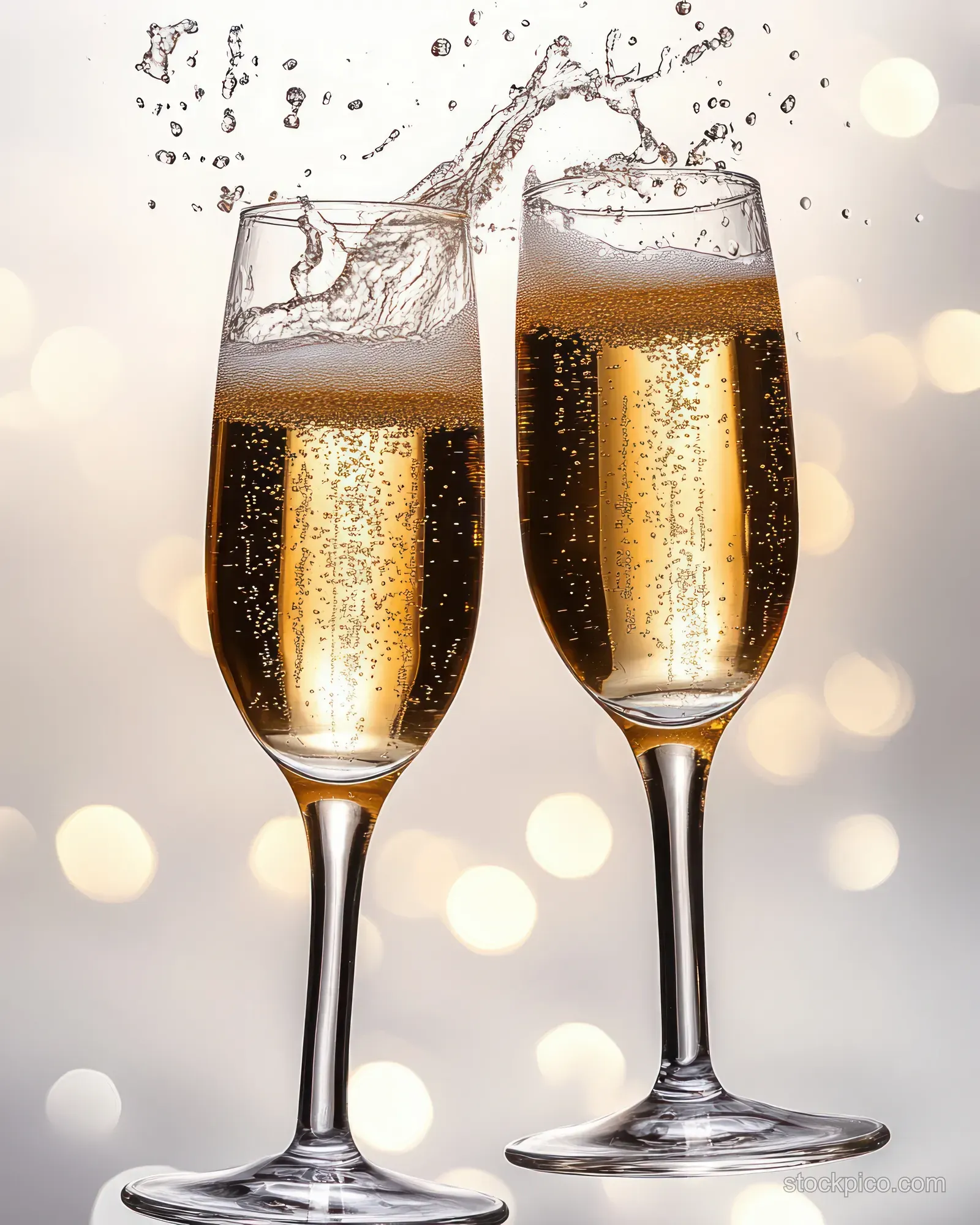 Two champagne flutes clink while golden bubbles splash against a soft bokeh light background.