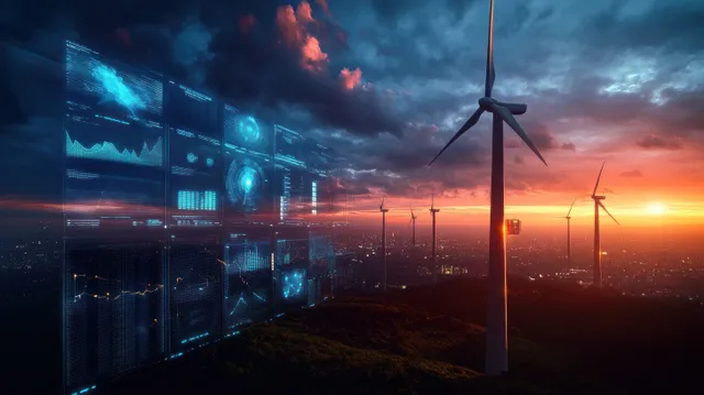 Wind turbine at sunset with floating energy analytics dashboard