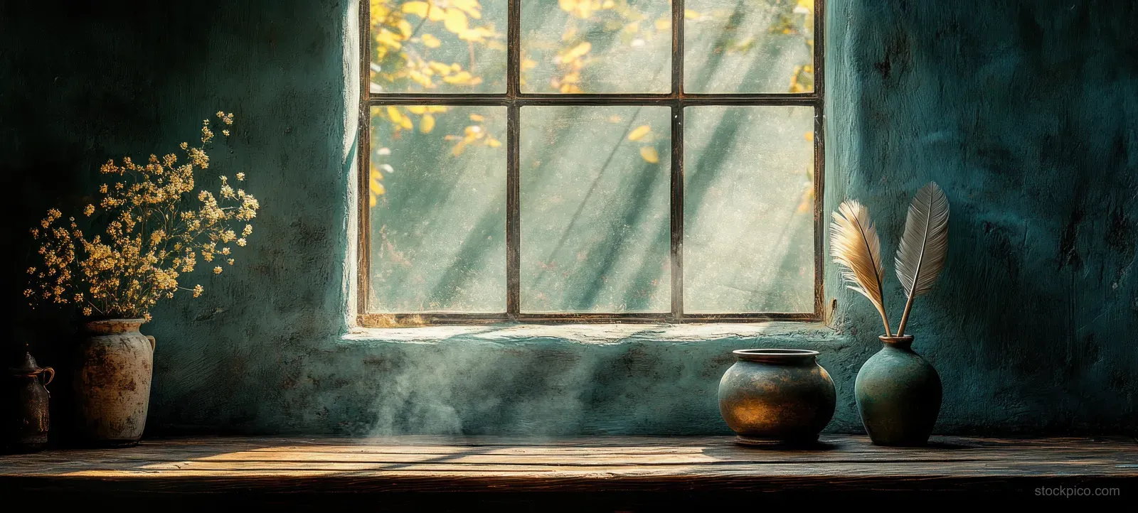 A quill pen in an inkwell and old papers sit on a wooden desk beneath warm window light.