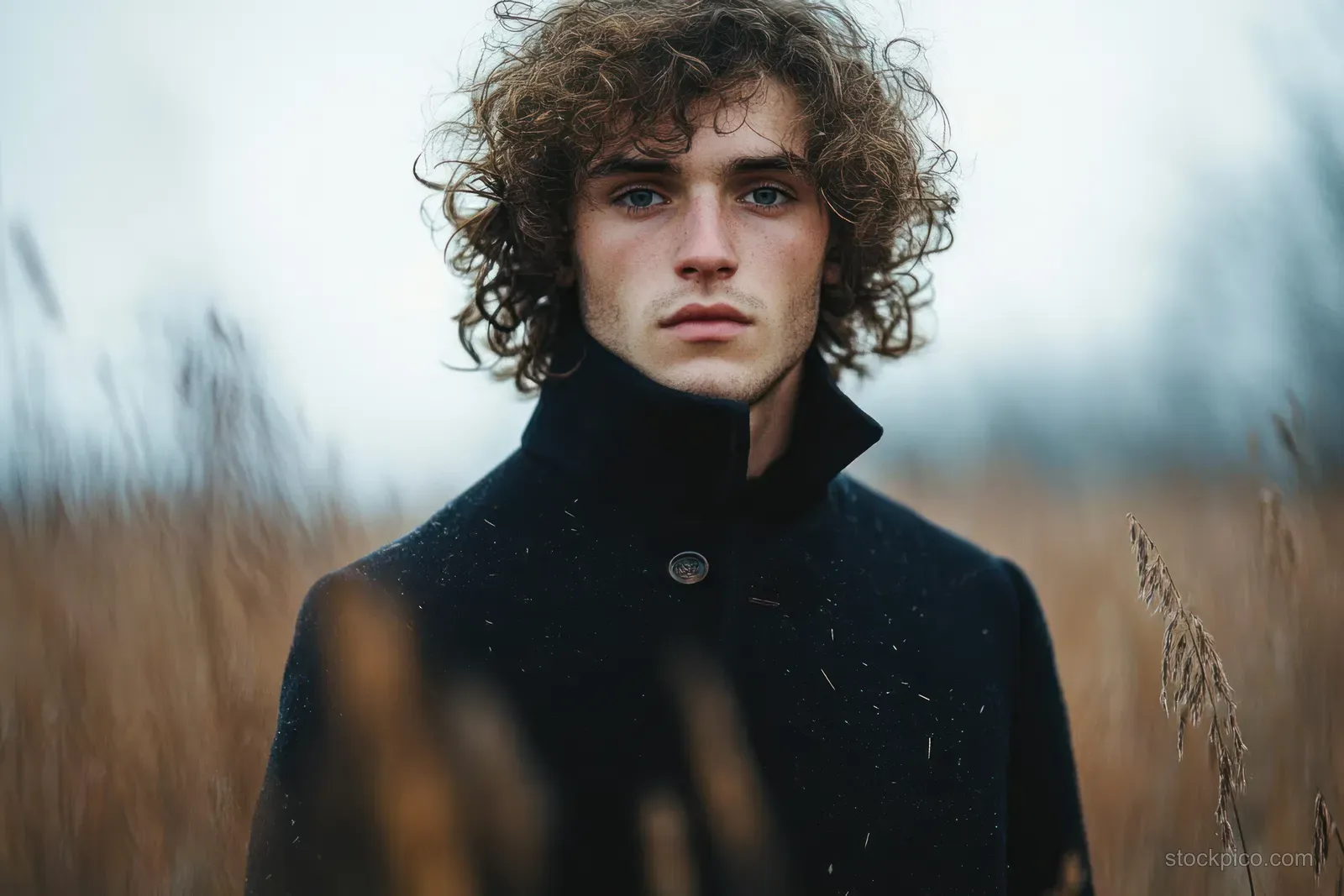 Curly-haired young man in a dark coat stands in a dry grass field under an overcast sky, looking serious.
