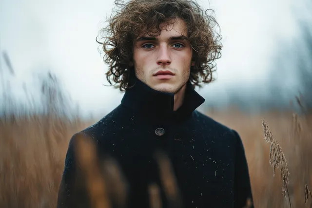 Curly-haired young man in a dark coat stands in a dry grass field under an overcast sky, looking serious.