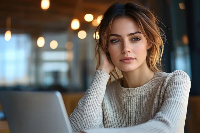 Tired woman holding her temples at a desk with a laptop in a softly lit modern office.