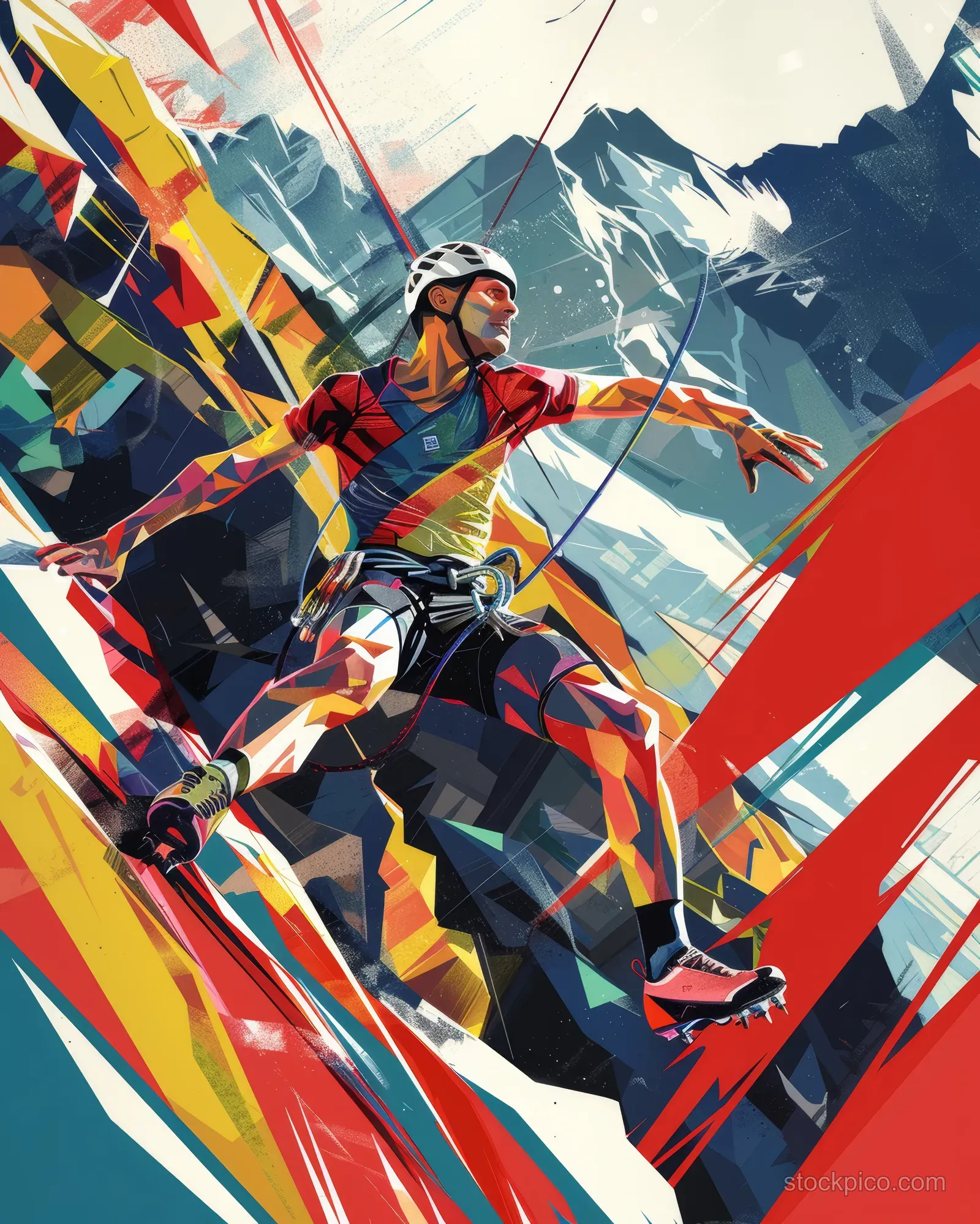 An Austrian climber in harness and helmet lunges upward on a steep rock wall with colorful geometric shapes behind.