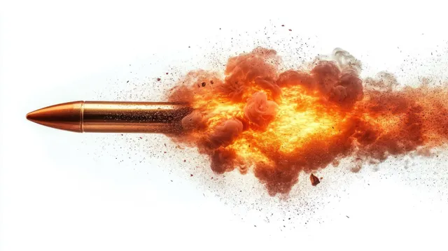 Bullet casing launches forward while a bright fireball and gray-orange smoke burst across a white background.