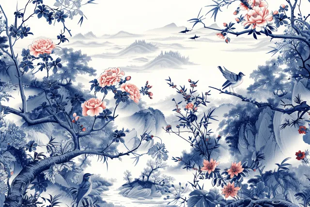 Blue and white birds and flowering branches frame a misty mountain landscape in a seamless wallpaper pattern.