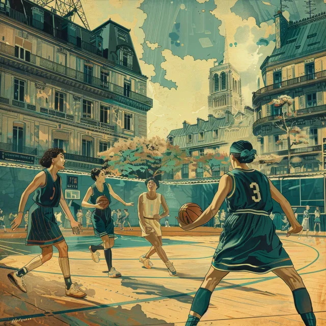 French women in 1920s basketball uniforms practice on an outdoor court with surrounding historic buildings.