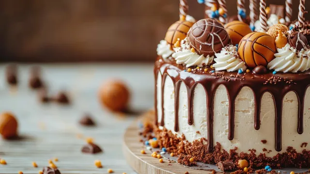 Chocolate drip cake with cream swirls and chocolate balls sits on a wooden board with scattered crumbs in the background.