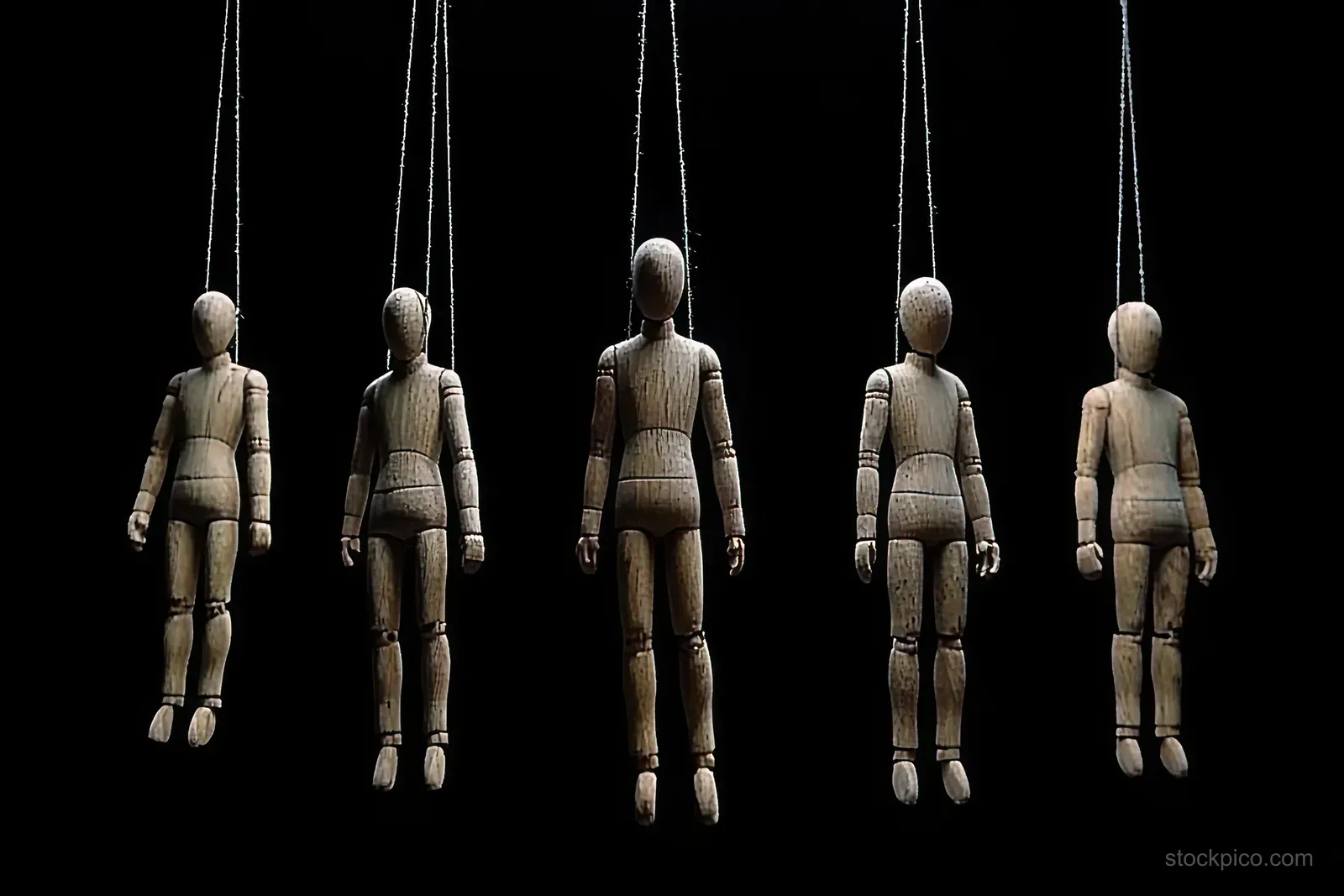 Several wooden marionette puppets hang from ropes against a black background in dramatic shadows.