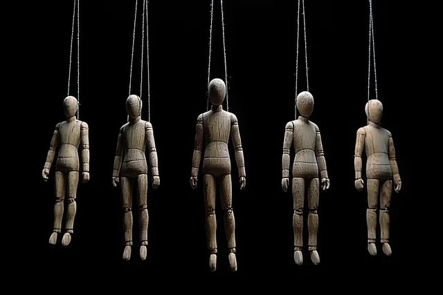 Several wooden marionette puppets hang from ropes against a black background in dramatic shadows.