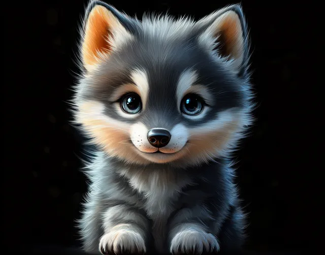 Fluffy blue-eyed puppy gazes at camera, paws forward, on a dark studio background