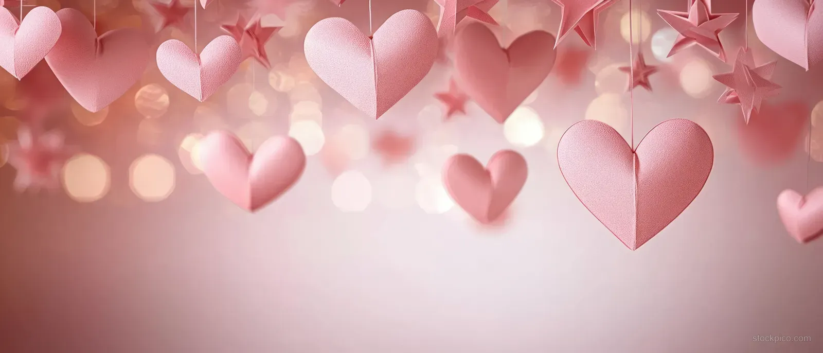 Soft pink paper hearts and stars hang overhead against a warm, blurred light background.