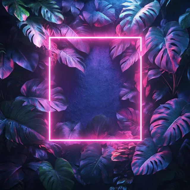 Neon synthwave jungle frame with glowing pink border and teal-purple foliage lights