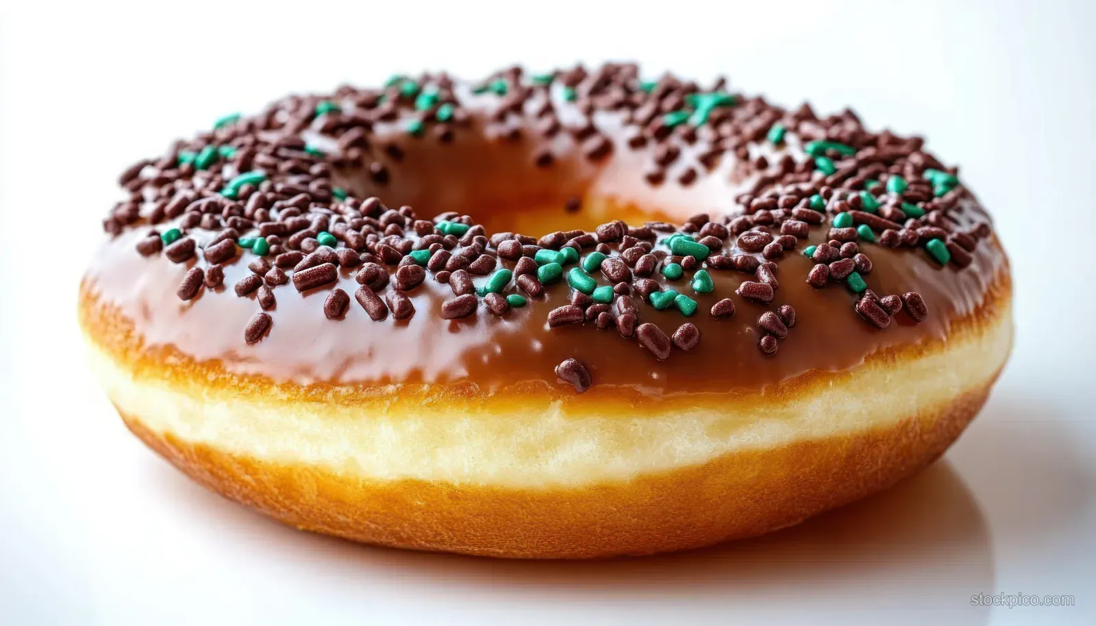 Glazed donut on a white surface with chocolate drizzle and green sprinkles.