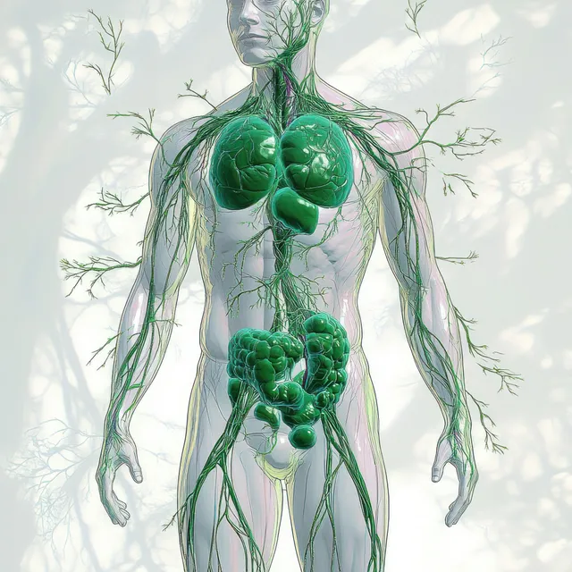 Green lymphatic vessels and lymph nodes are mapped over a translucent female silhouette against a pale background.
