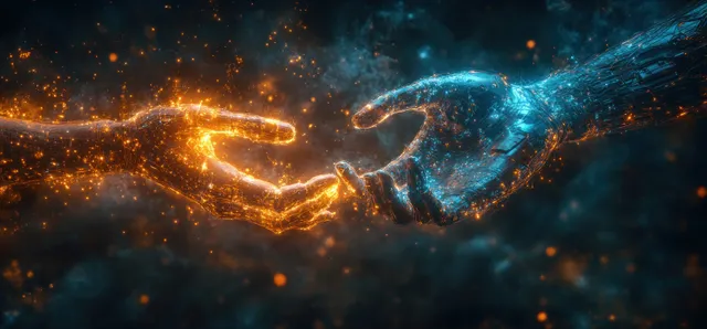 Two glowing holographic hands, one human and one robot, reach toward each other amid neon network waves.