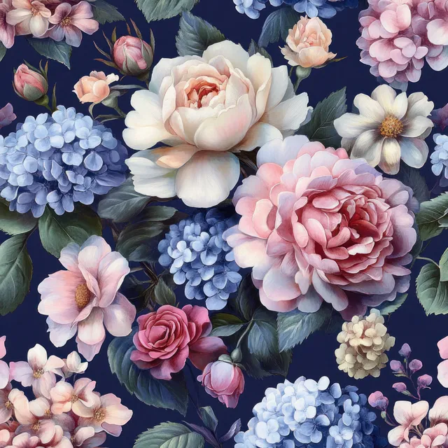 Patrón continuo de rosas, peonías y hortensias en tonos pastel rodeadas de hojas verde oscuro.