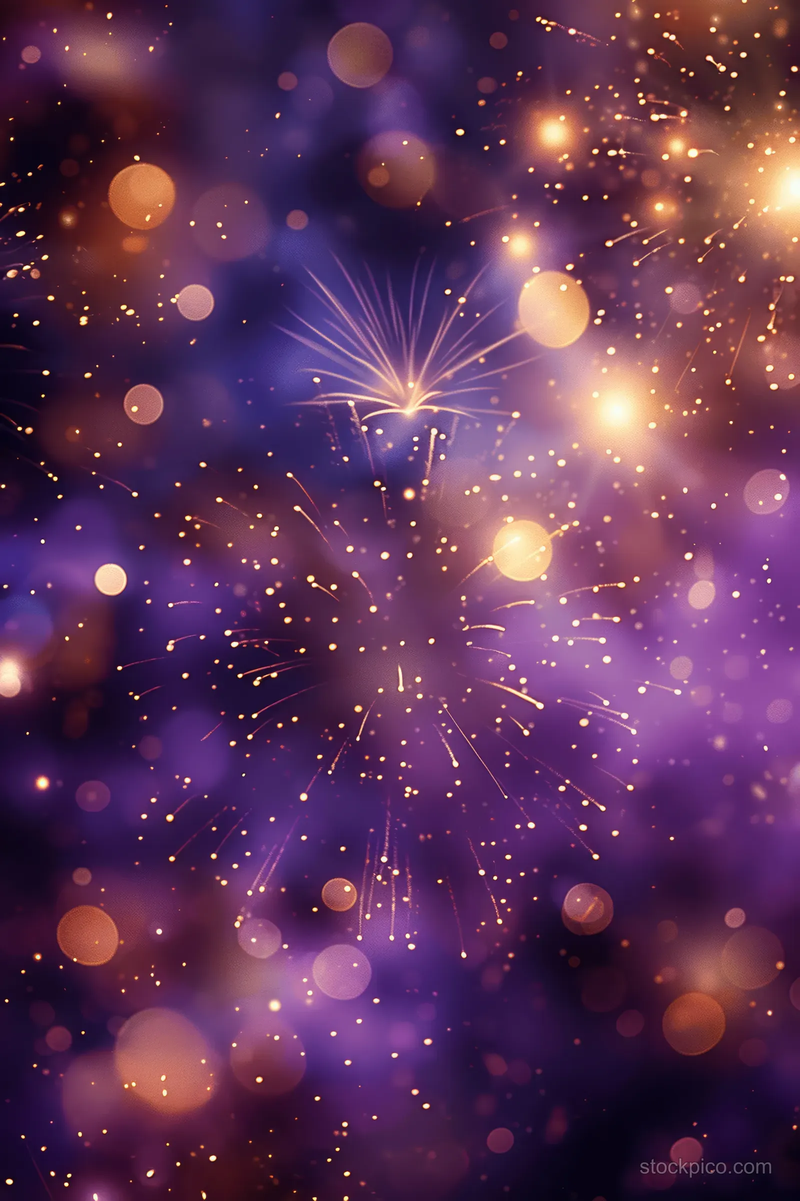 Golden and violet fireworks explode against a purple bokeh night background with glowing floating orbs and empty copy space.