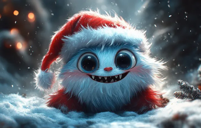 Whimsical furry creature in Santa hat smiling over snowy ground with drifting snowflakes