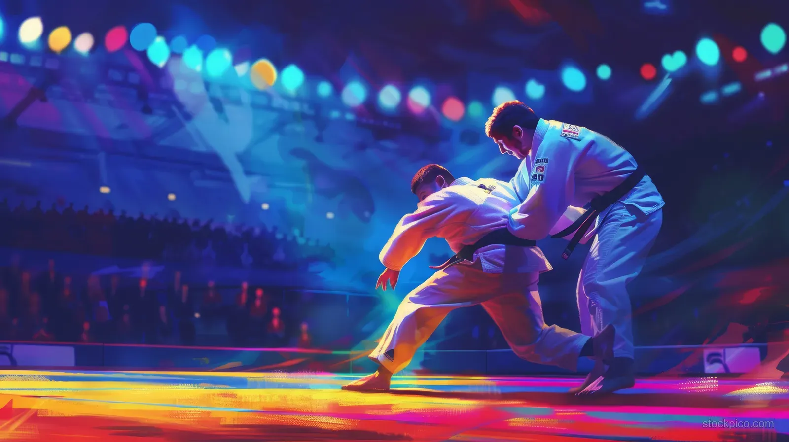 French judoka in blue grips and throws an opponent on the mat during an intense 81kg judo match.