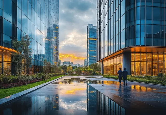 Two people walking along a reflective pool beside glass office towers as sunset lights the sky.