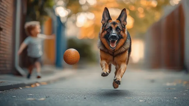 Energetic German shepherd runs toward a bouncing ball on an autumn paved path with Shallow Depth Of Field