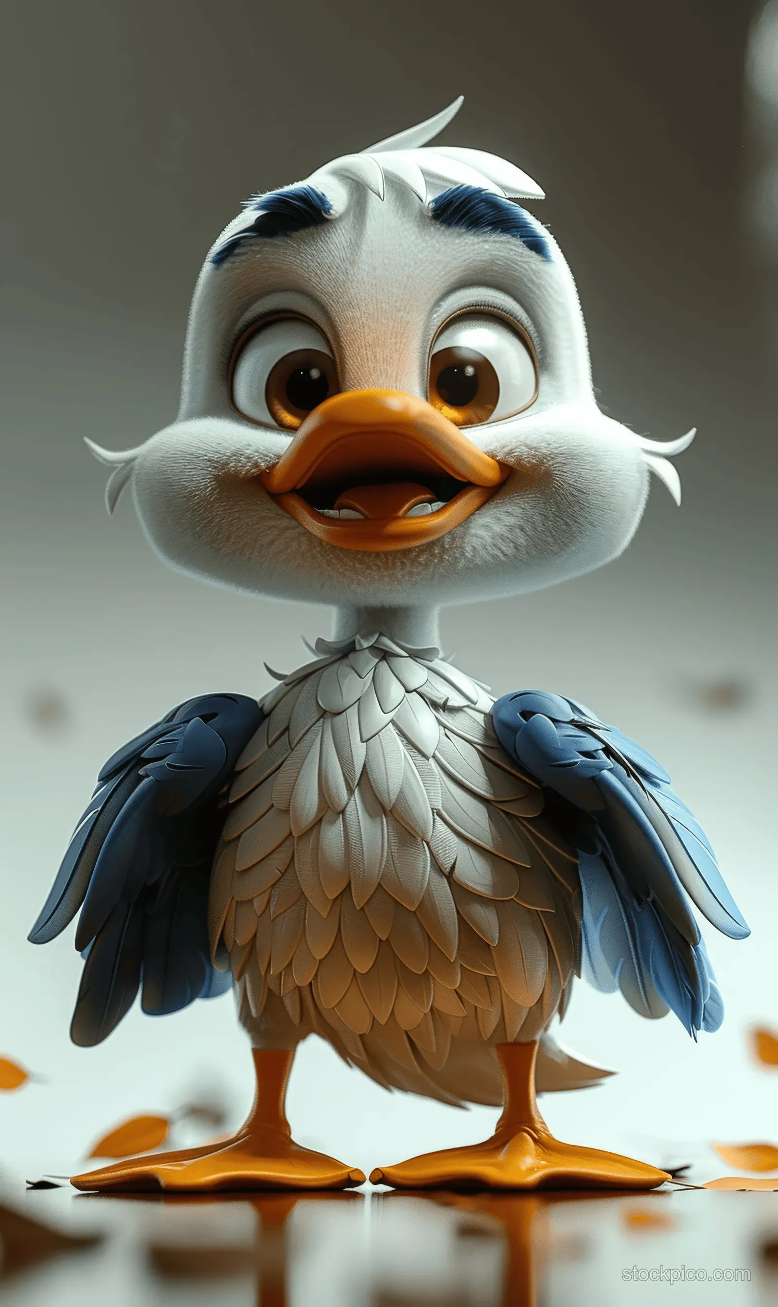 A cute cartoon white duck with blue wings stands smiling with expressive eyes on a clean background.