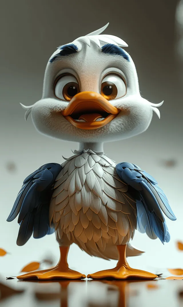 A cute cartoon white duck with blue wings stands smiling with expressive eyes on a clean background.
