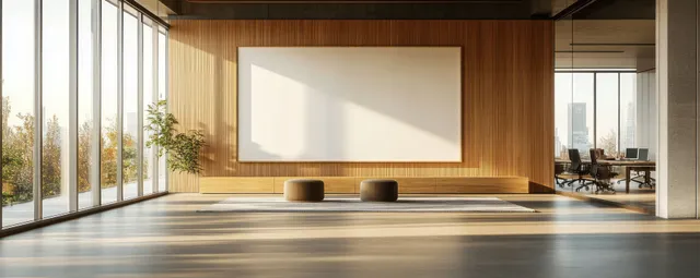 Spacious modern office lounge with floor-to-ceiling windows and blank screen on wood panel wall