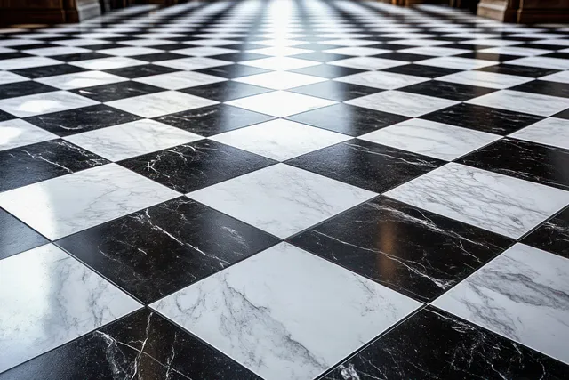Black and white checkered marble tiles on the floor with sunlight highlights and visible stone veining.