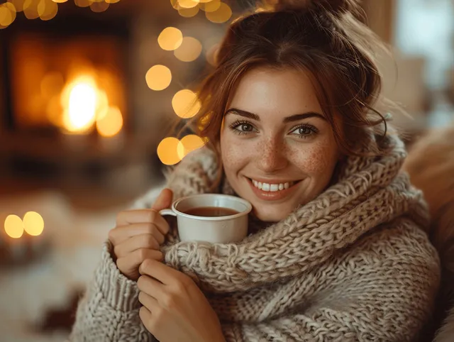Smiling woman holding coffee by fireplace in a cozy living room