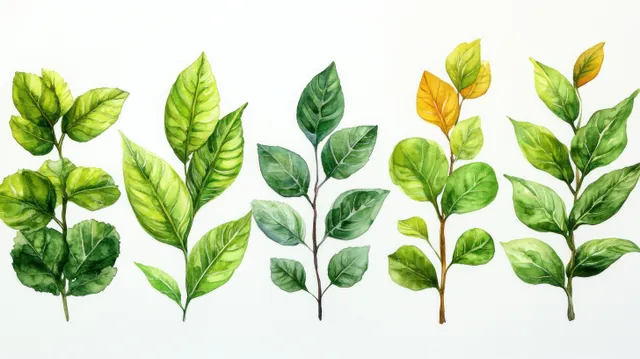 Watercolor botanical leaves with visible veins and stems arranged in a repeating pattern on a white background.