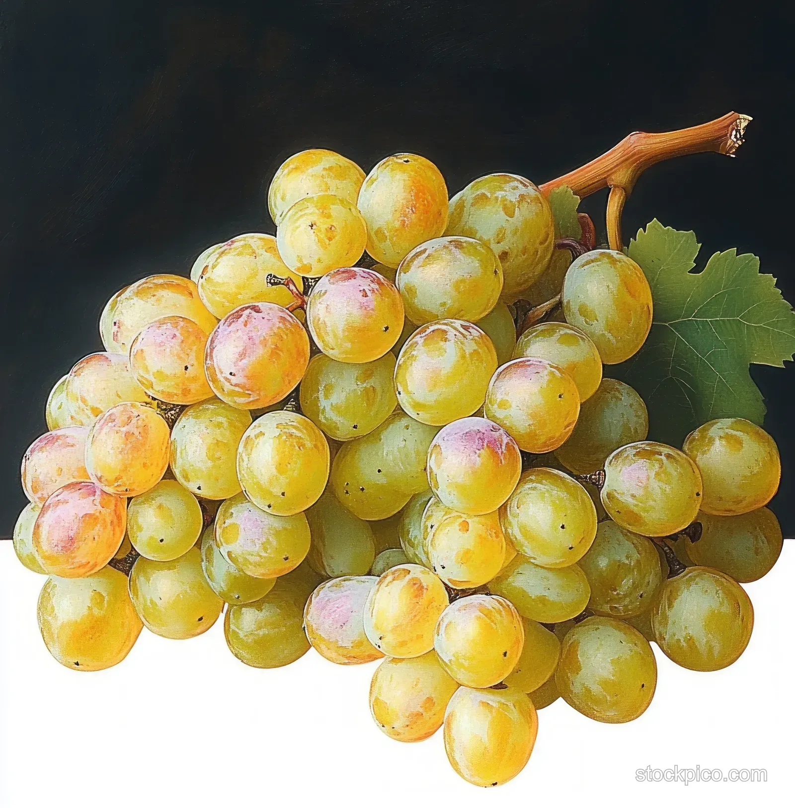 Ripe yellow-green grape bunch with pink speckles rests on a brown stem and green leaves against a dark background.