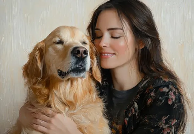 Affectionate Woman Hugging a Golden Retriever Indoors