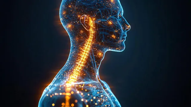 Side profile of glowing spine and neural pathways in orange and blue on dark background
